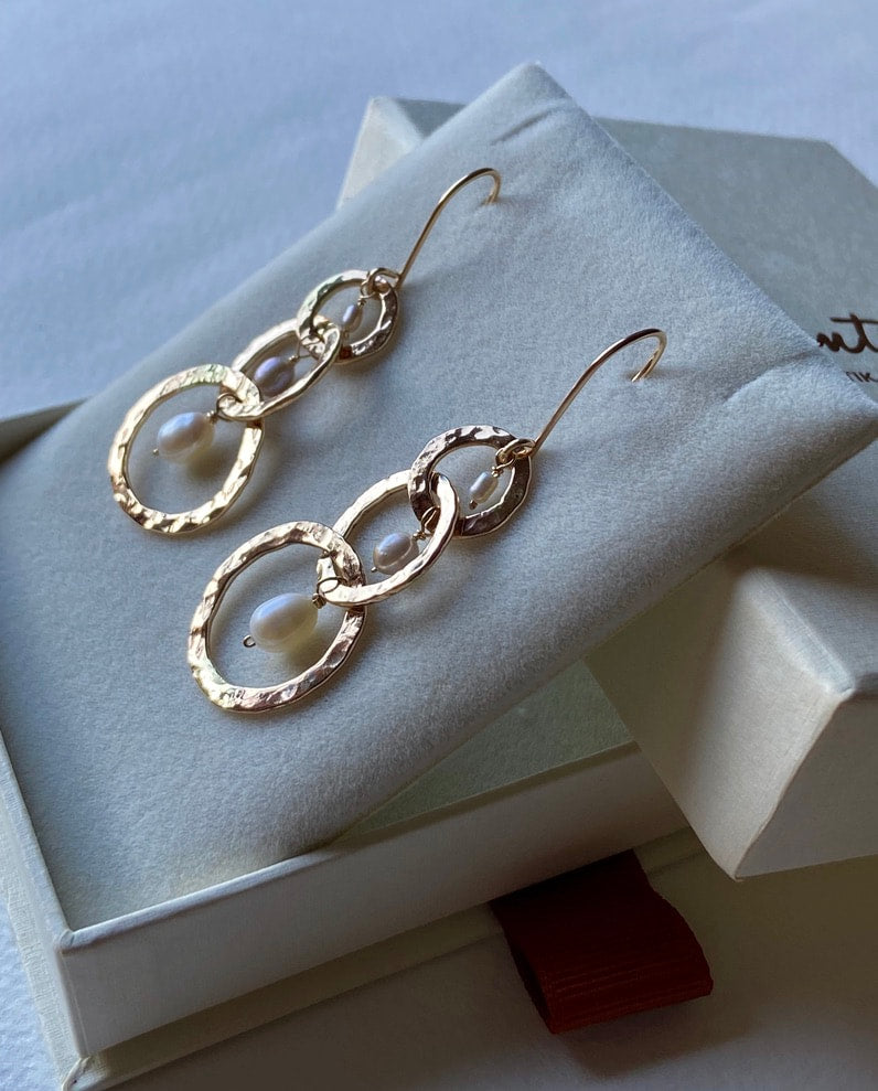 Long Hammered Three Hoop Earrings with Freshwater Pearls