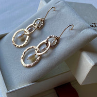 Long Hammered Three Hoop Earrings with Freshwater Pearls