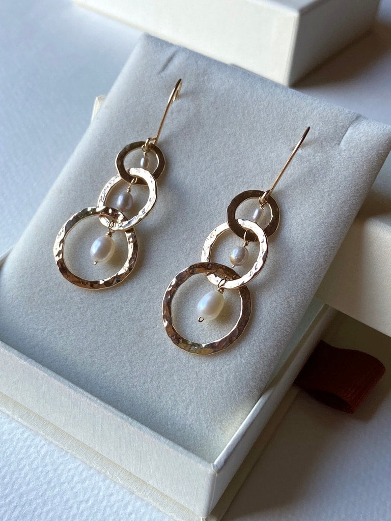 Long Hammered Three Hoop Earrings with Freshwater Pearls
