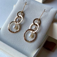 Long Hammered Three Hoop Earrings with Freshwater Pearls