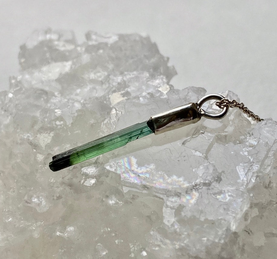 Raw Indicolite Blue Green Tourmaline Pendant Necklace, October Birthstone Pendant Necklace, Sterling Silver
