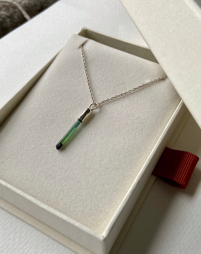 Raw Indicolite Blue Green Tourmaline Pendant Necklace, October Birthstone Pendant Necklace, Sterling Silver
