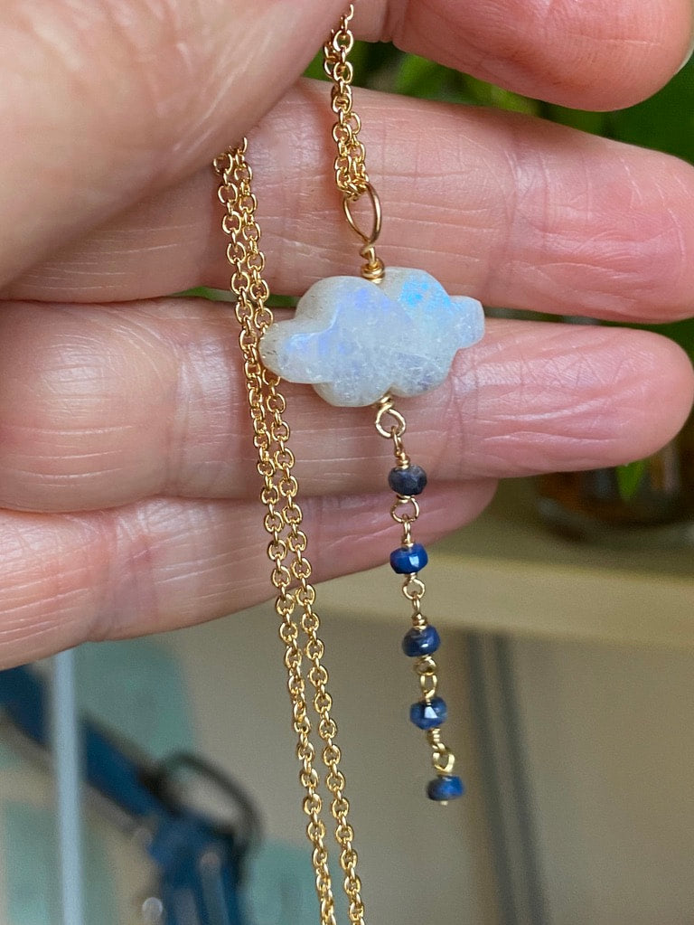 Rainbow Moonstone Cloud and Blue Sapphire Pendant Necklace
