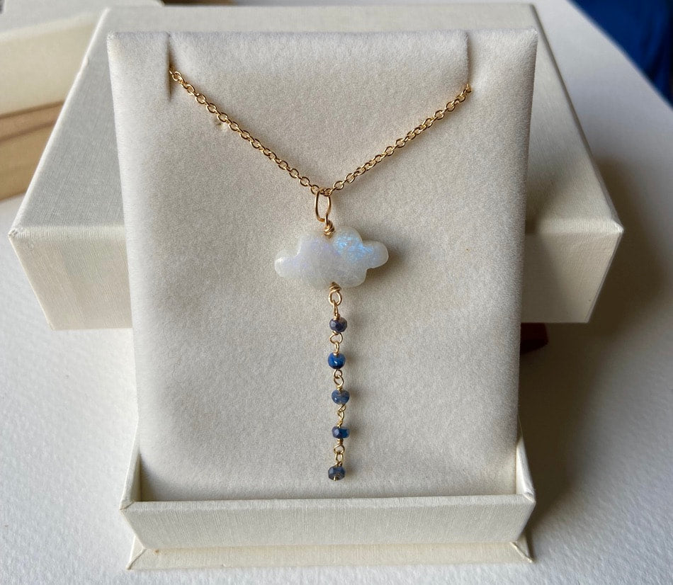 Rainbow Moonstone Cloud and Blue Sapphire Pendant Necklace