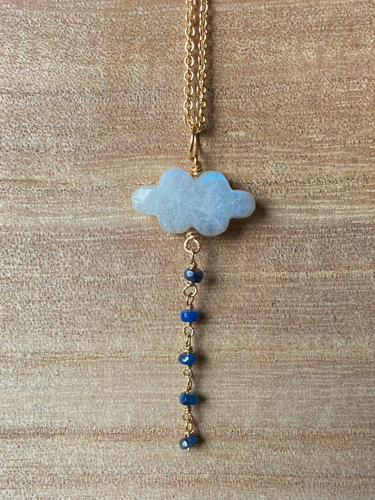 Rainbow Moonstone Cloud and Blue Sapphire Pendant Necklace