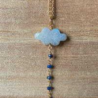 Rainbow Moonstone Cloud and Blue Sapphire Pendant Necklace