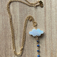 Rainbow Moonstone Cloud and Blue Sapphire Pendant Necklace
