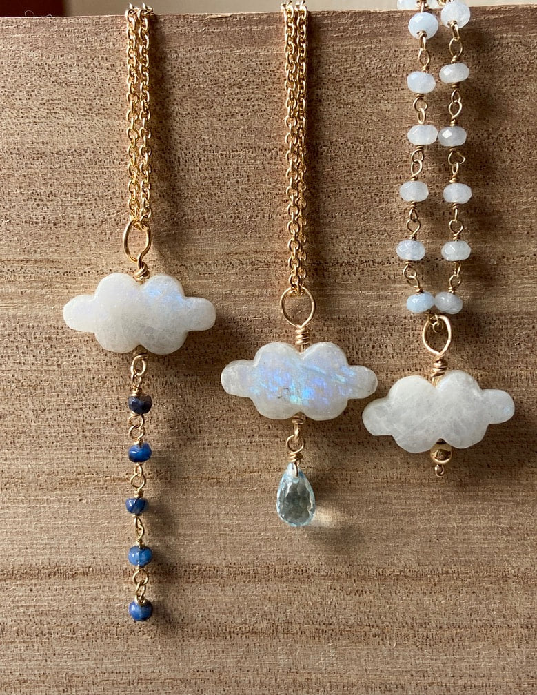 Rainbow Moonstone Cloud and Blue Sapphire Pendant Necklace