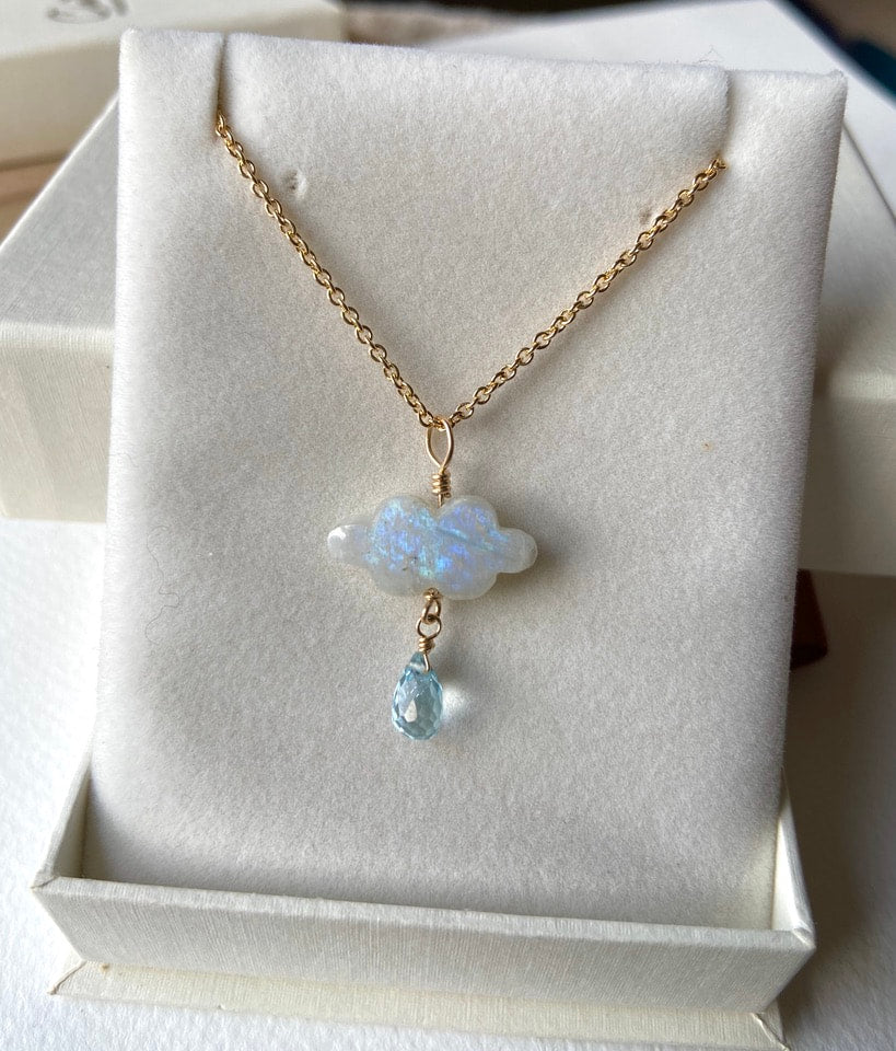 Rainbow Moonstone Cloud and Sky Blue Topaz Pendant Necklace