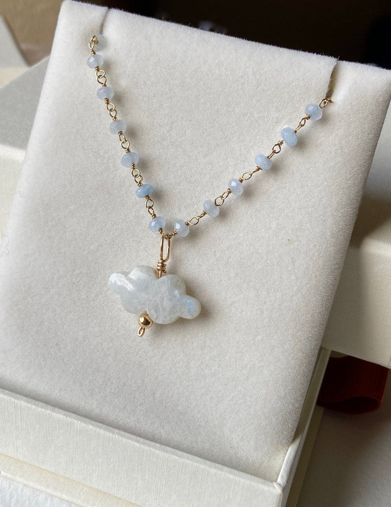 Rainbow Moonstone Cloud and Blue Chalcedony Pendant Necklace