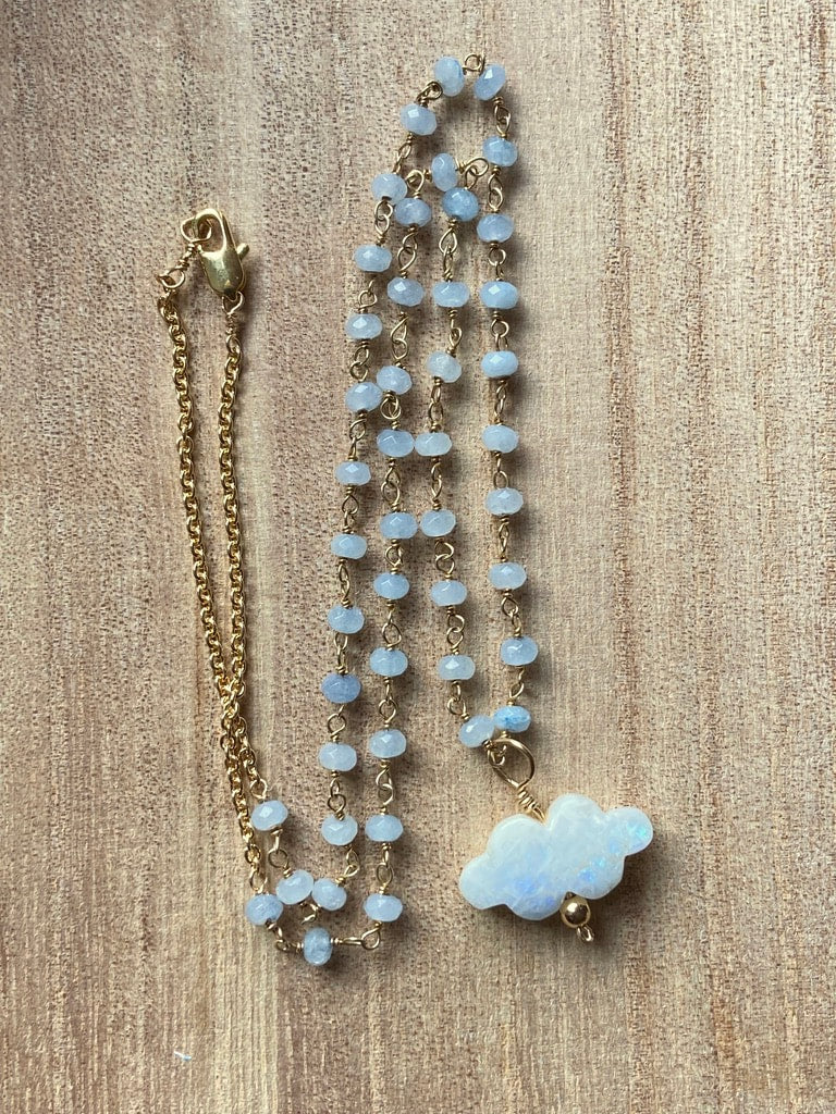 Rainbow Moonstone Cloud and Blue Chalcedony Pendant Necklace
