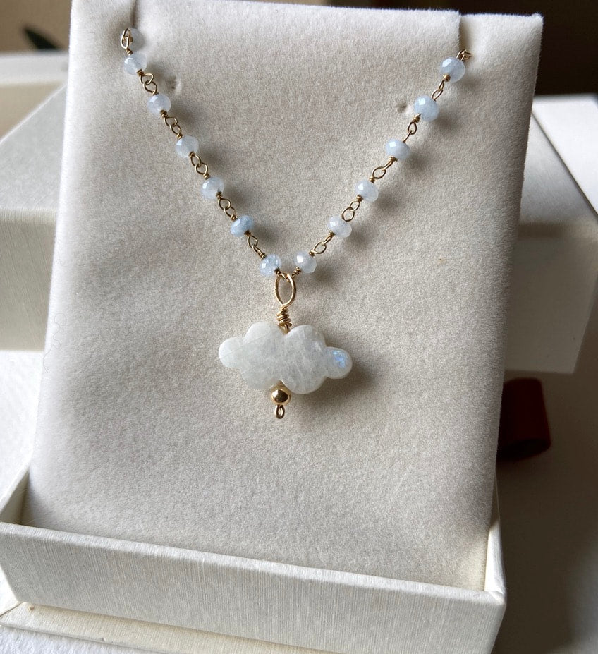 Rainbow Moonstone Cloud and Blue Chalcedony Pendant Necklace