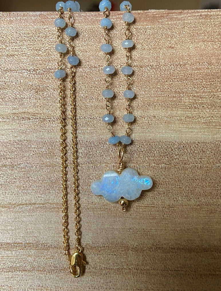 Rainbow Moonstone Cloud and Blue Chalcedony Pendant Necklace