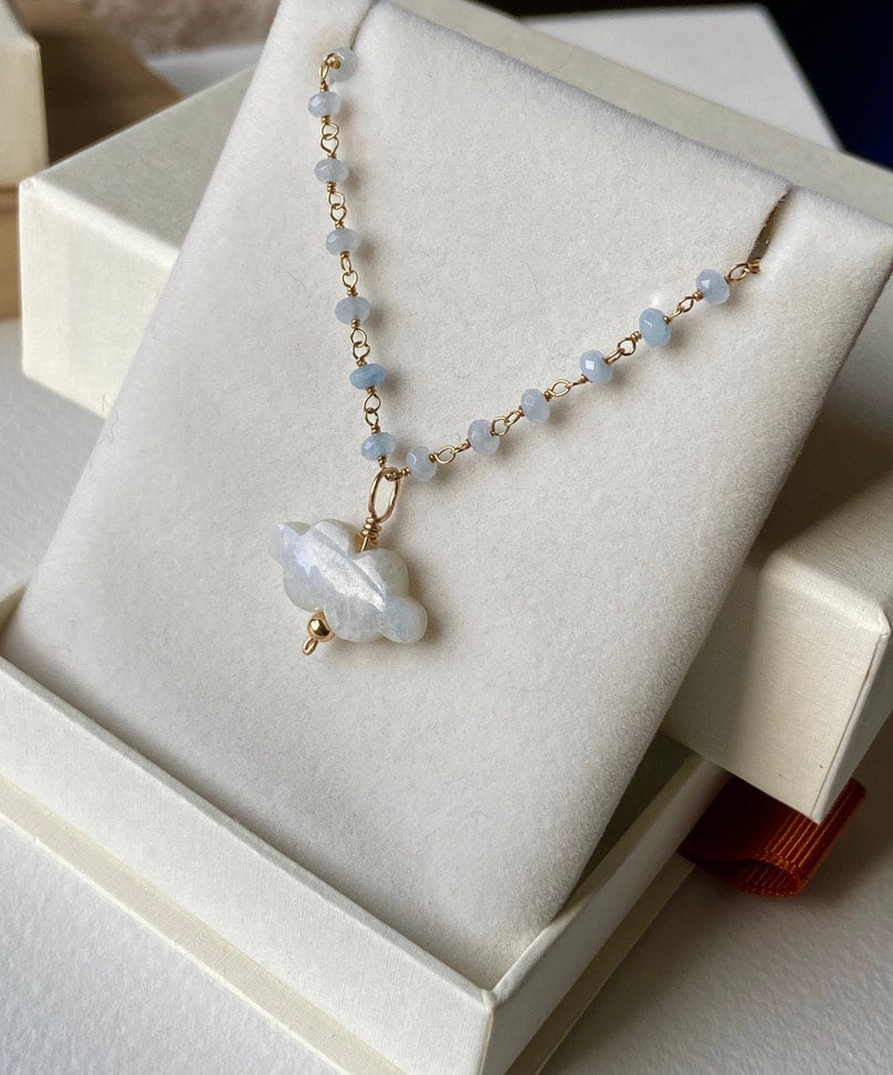 Rainbow Moonstone Cloud and Blue Chalcedony Pendant Necklace