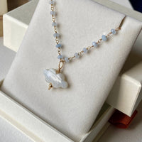 Rainbow Moonstone Cloud and Blue Chalcedony Pendant Necklace