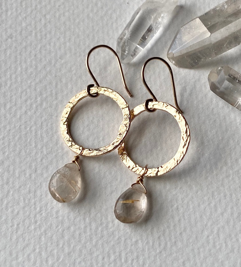 Textured Hoop Earrings with Golden Rutilated Quartz