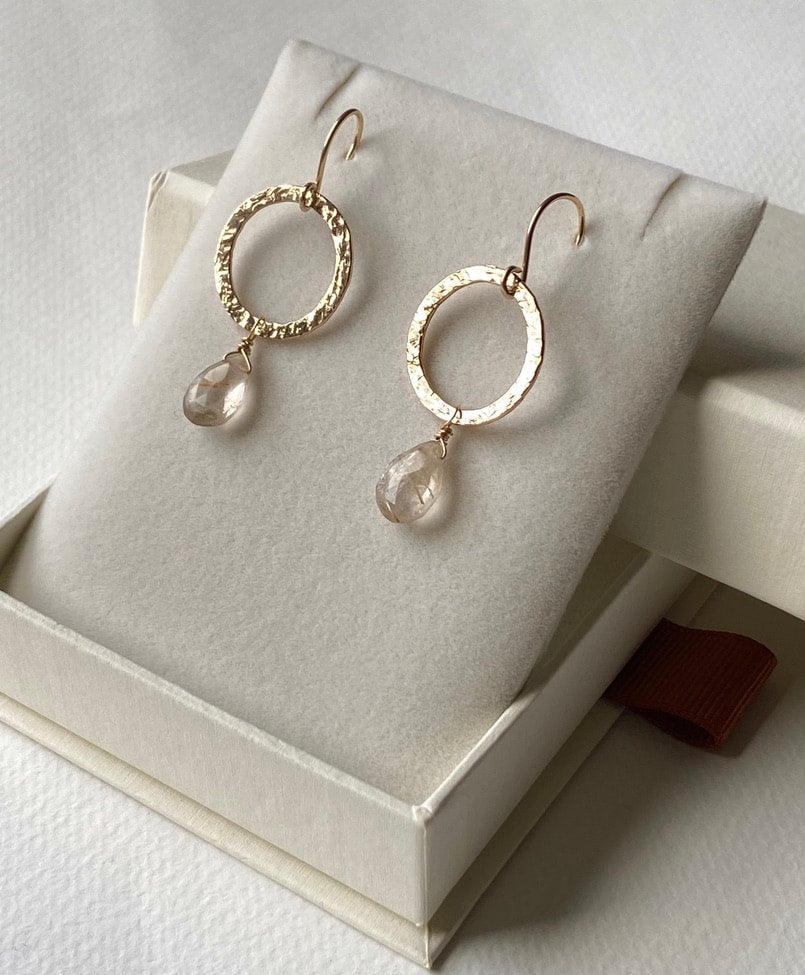 Textured Hoop Earrings with Golden Rutilated Quartz