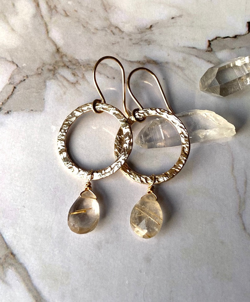 Textured Hoop Earrings with Golden Rutilated Quartz