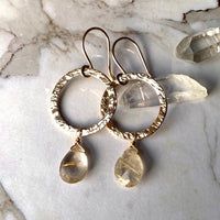 Textured Hoop Earrings with Golden Rutilated Quartz