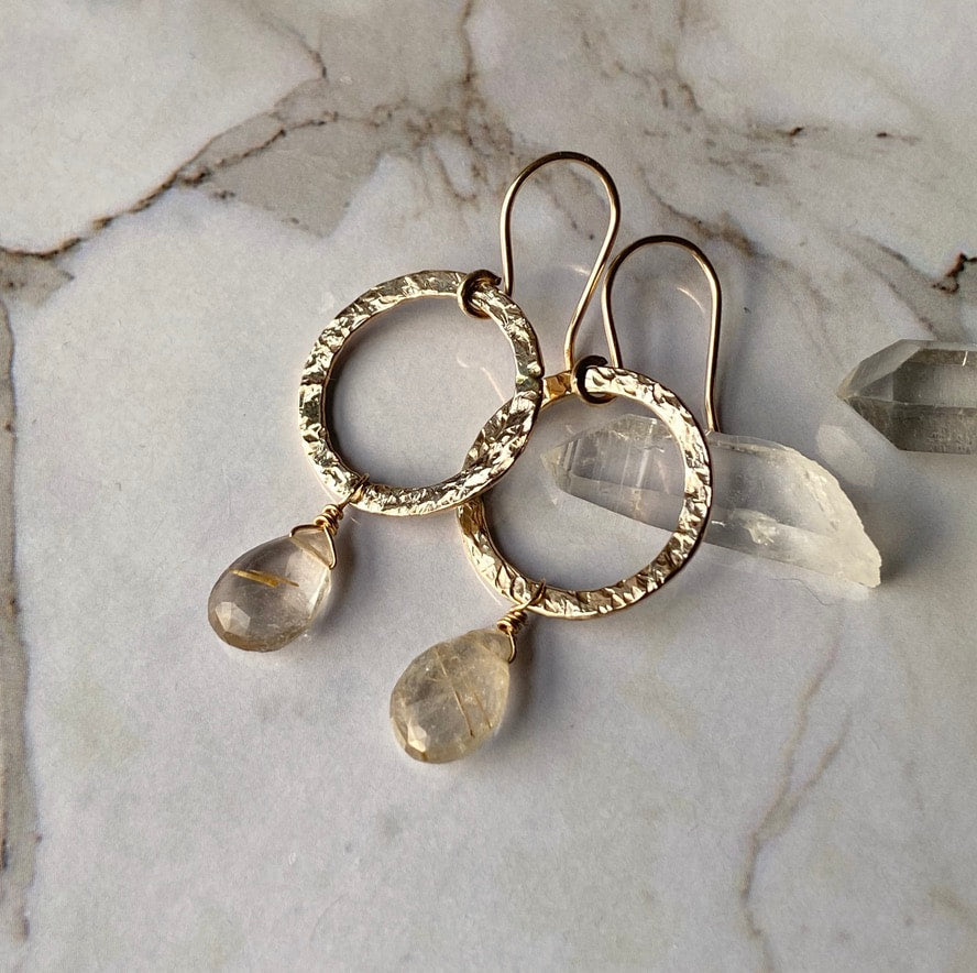 Textured Hoop Earrings with Golden Rutilated Quartz
