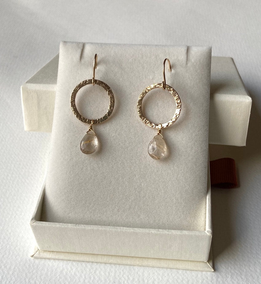 Textured Hoop Earrings with Golden Rutilated Quartz