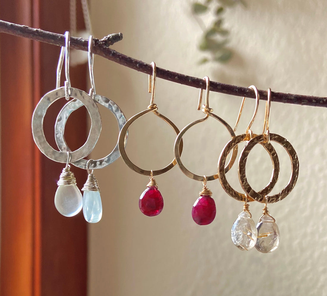 Textured Hoop Earrings with Golden Rutilated Quartz