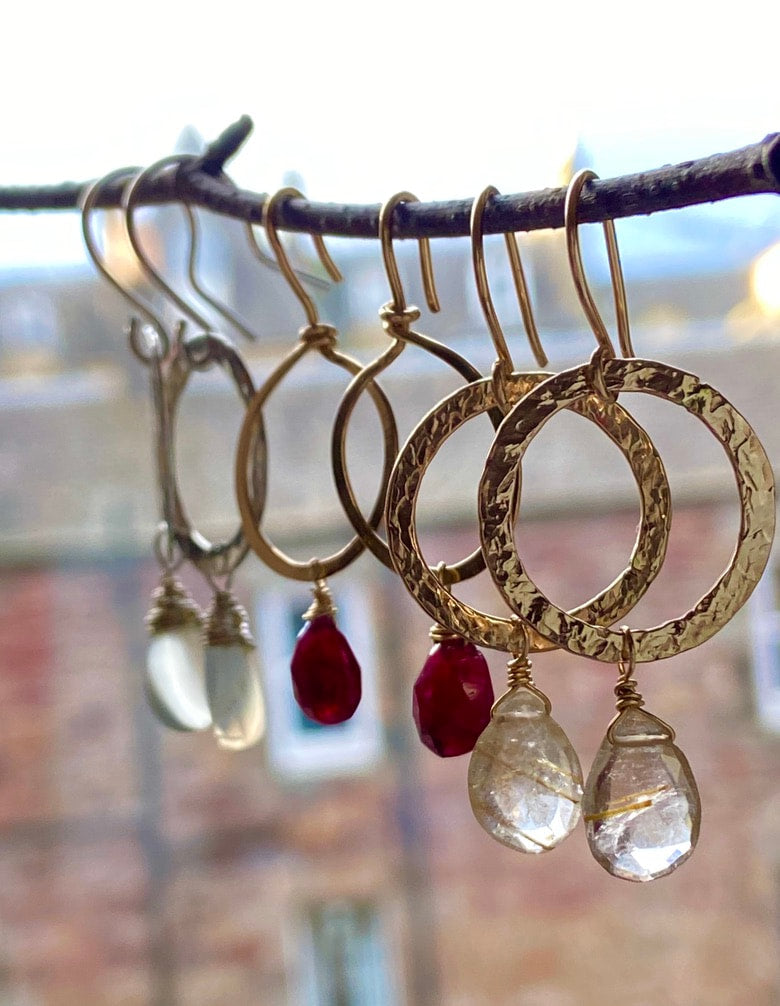Textured Hoop Earrings with Golden Rutilated Quartz