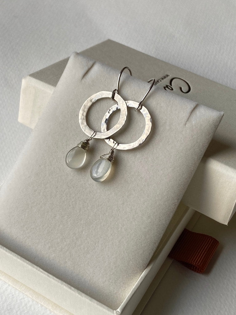 Textured Silver Hoop Earrings with Sri Lankan Moonstone
