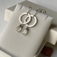 Textured Silver Hoop Earrings with Sri Lankan Moonstone