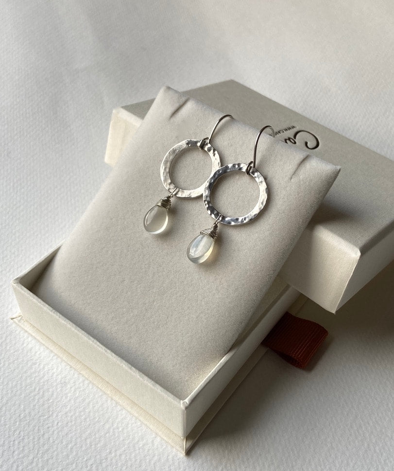 Textured Silver Hoop Earrings with Sri Lankan Moonstone