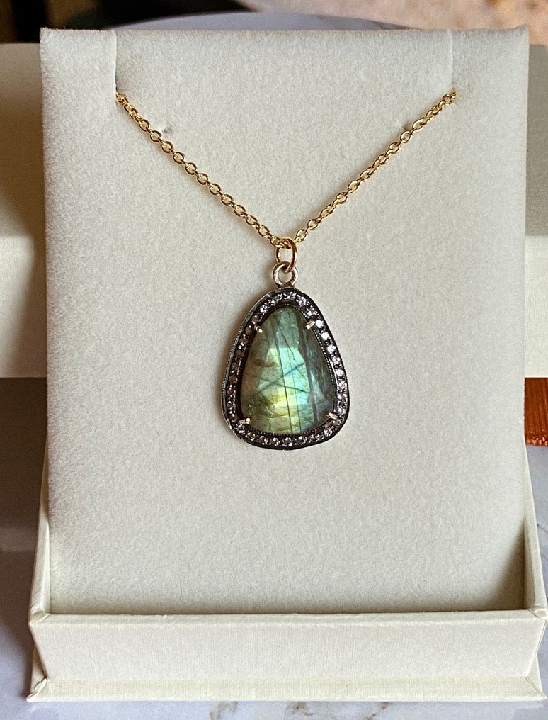 Large Labradorite and White Topaz Pendant Necklace, November Birthstone
