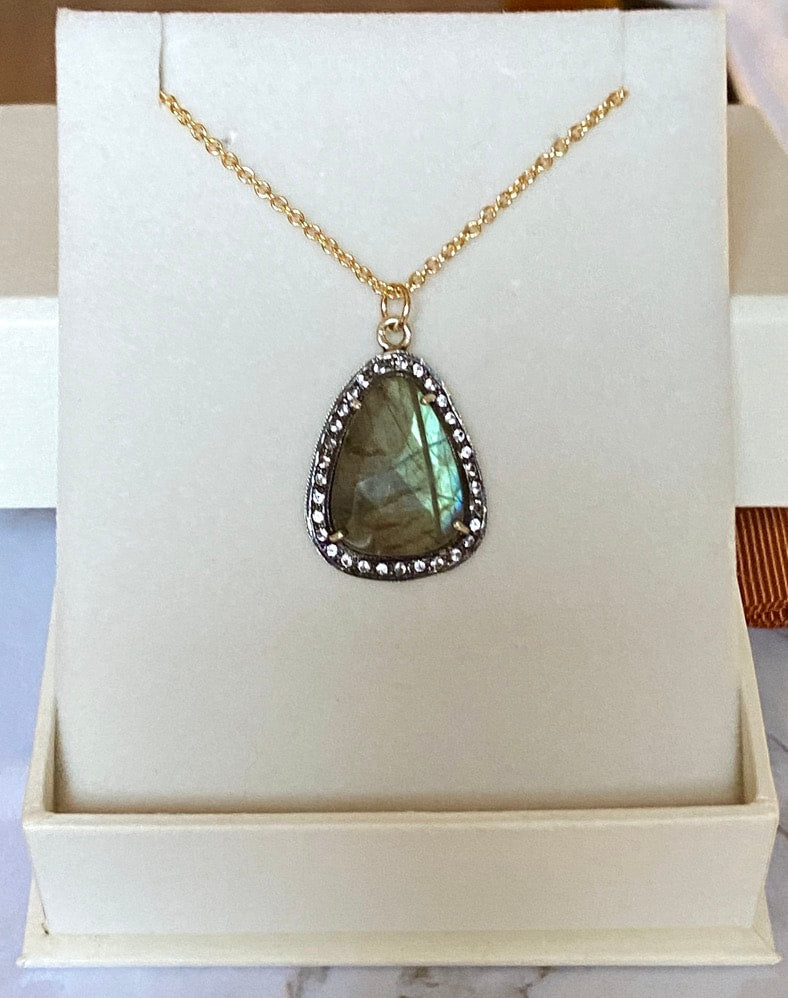Large Labradorite and White Topaz Pendant Necklace, November Birthstone
