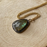 Large Labradorite and White Topaz Pendant Necklace, November Birthstone