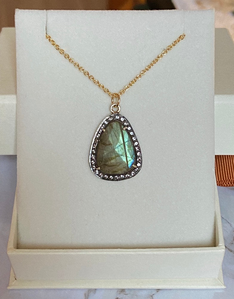 Large Labradorite and White Topaz Pendant Necklace, November Birthstone