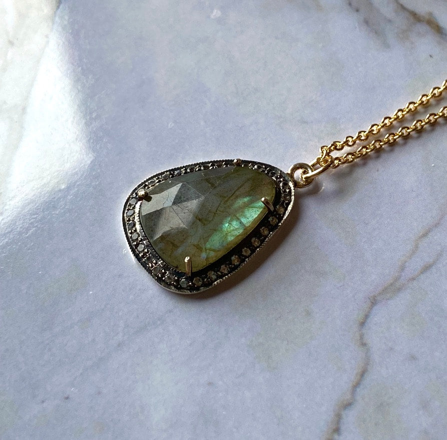 Large Labradorite and White Topaz Pendant Necklace, November Birthstone