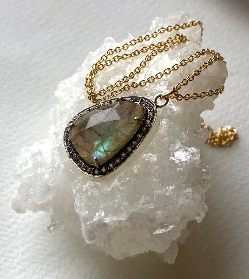 Large Labradorite and White Topaz Pendant Necklace, November Birthstone