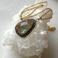 Large Labradorite and White Topaz Pendant Necklace, November Birthstone