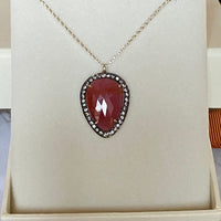 Large Ruby and White Topaz Pendant Necklace, July Birthstone Necklace
