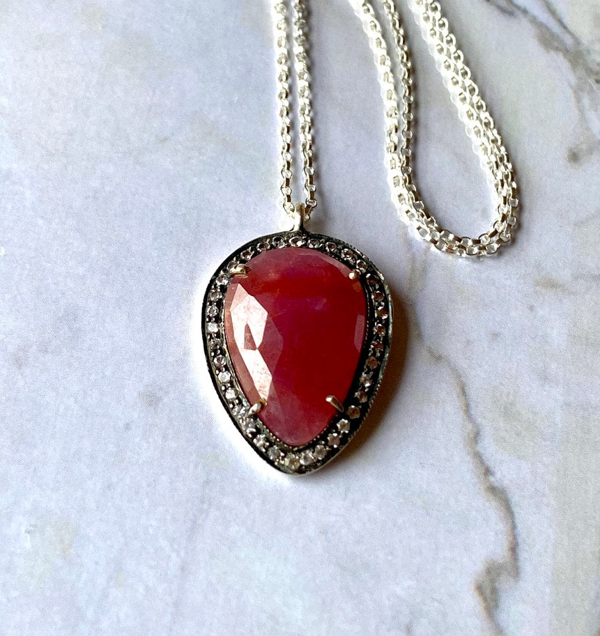 Large Ruby and White Topaz Pendant Necklace, July Birthstone Necklace