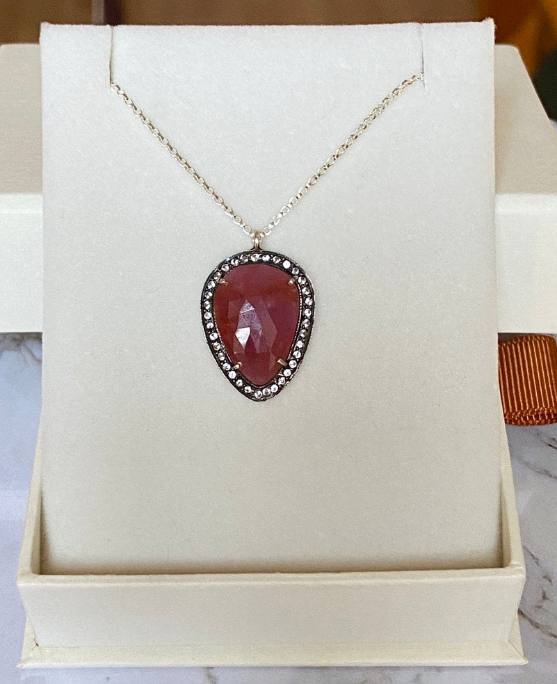 Large Ruby and White Topaz Pendant Necklace, July Birthstone Necklace