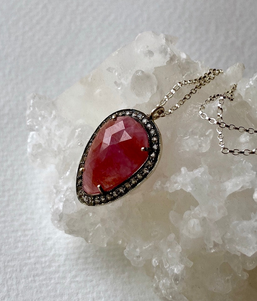 Large Ruby and White Topaz Pendant Necklace, July Birthstone Necklace