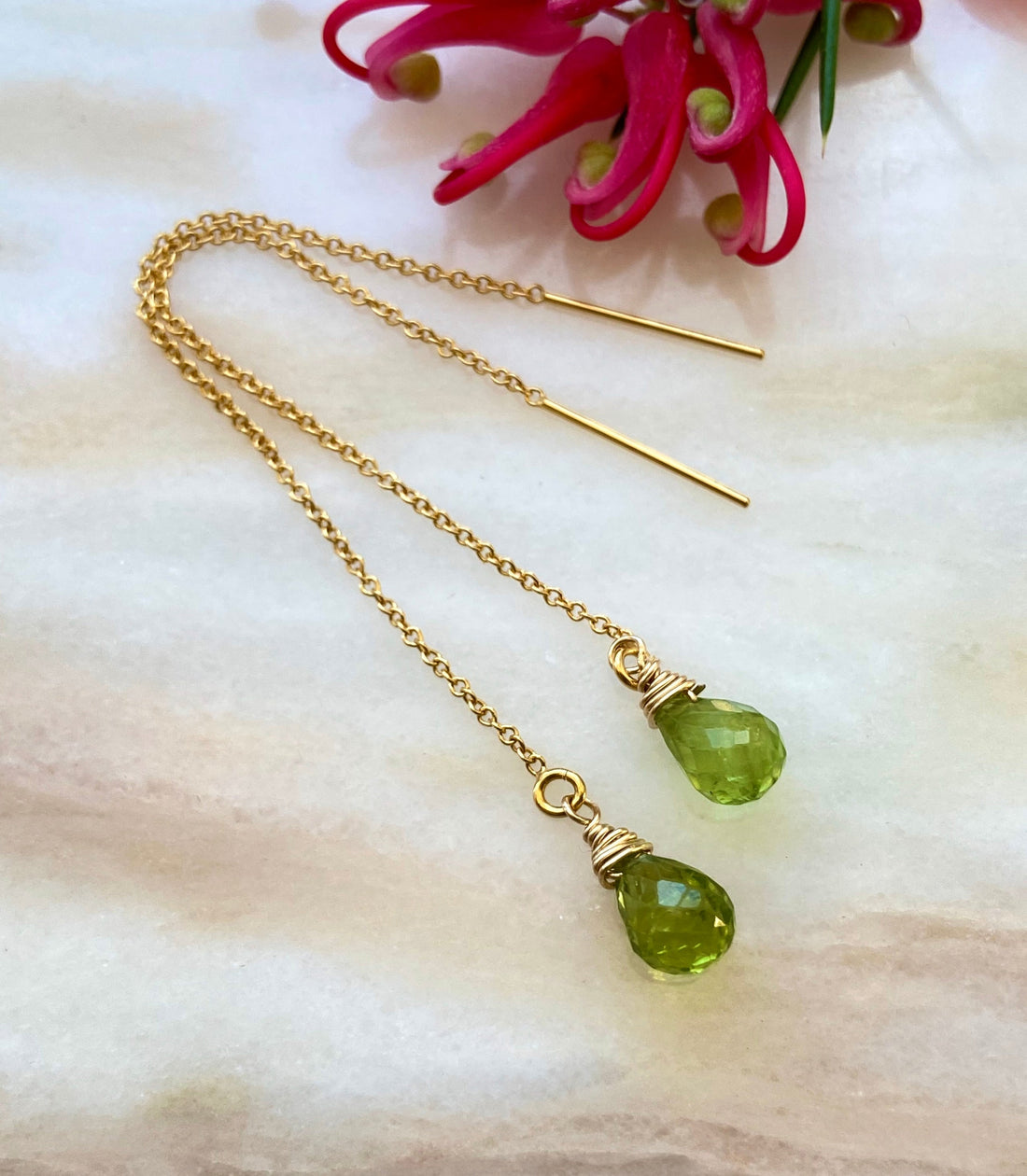 Peridot Threader Earrings, August Birthstone Earrings