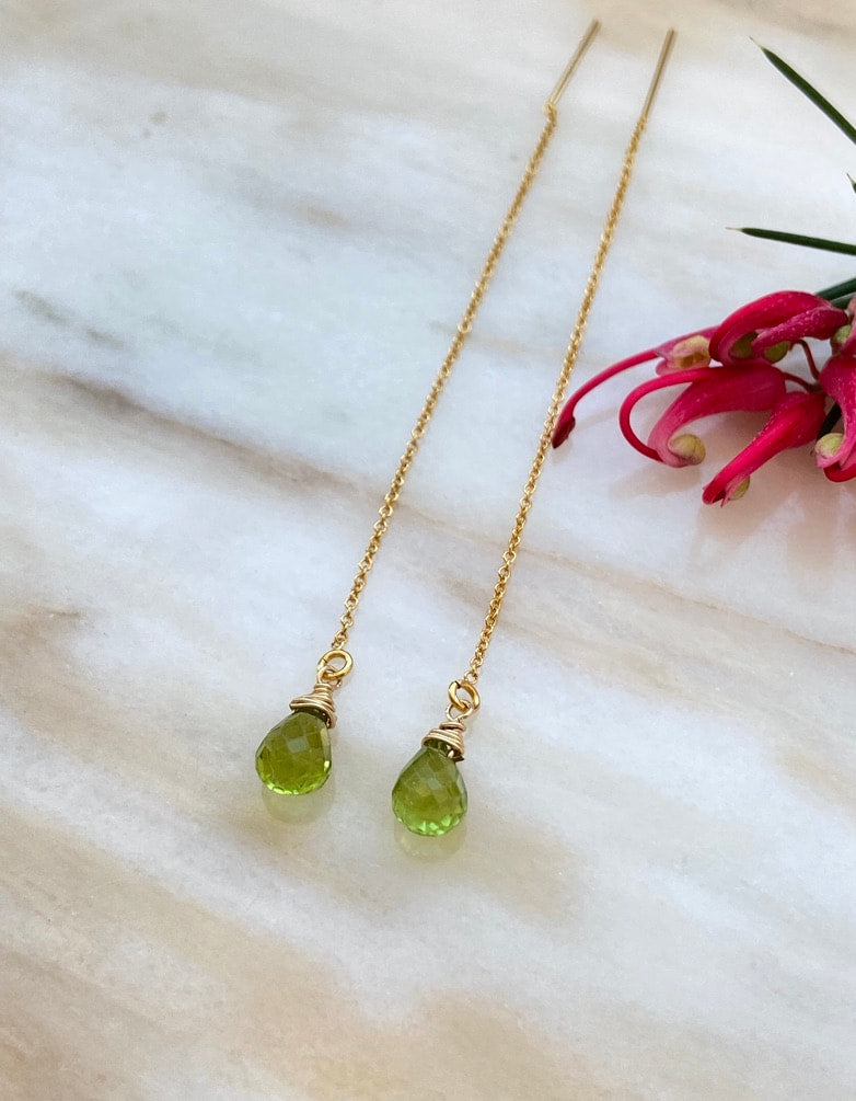 Peridot Threader Earrings, August Birthstone Earrings