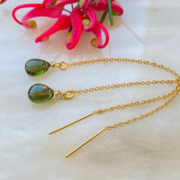 Dark Forest Green Tourmaline Threader Earrings, October Birthstone Earrings