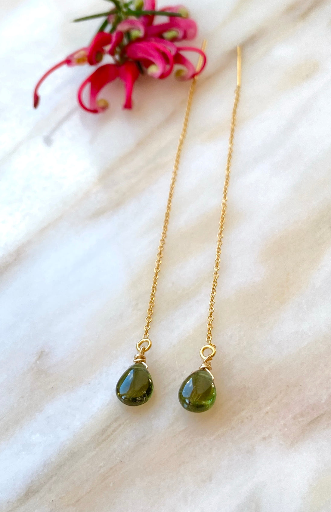 Dark Forest Green Tourmaline Threader Earrings, October Birthstone Earrings