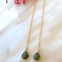 Dark Forest Green Tourmaline Threader Earrings, October Birthstone Earrings