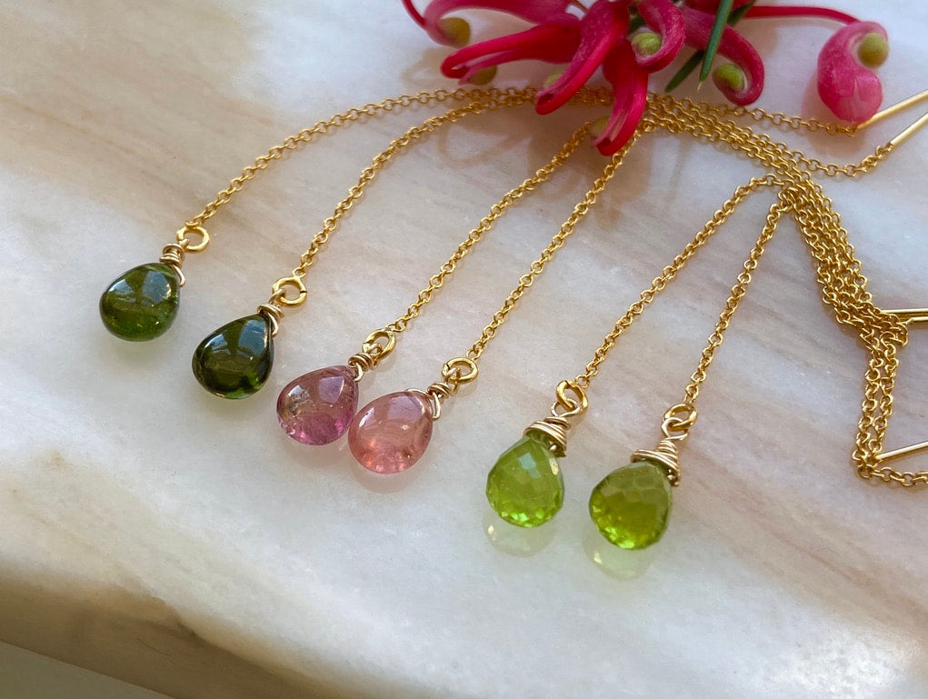 Dark Forest Green Tourmaline Threader Earrings, October Birthstone Earrings