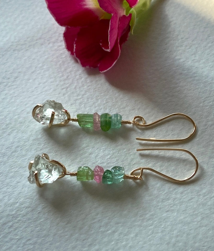 Raw Prasiolite and Watermelon Tourmaline Earrings