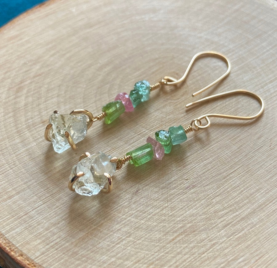 Raw Prasiolite and Watermelon Tourmaline Earrings