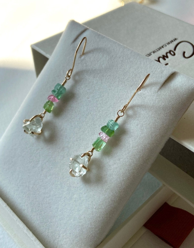 Raw Prasiolite and Watermelon Tourmaline Earrings